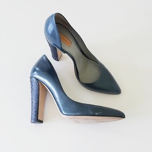 Reed Krakoff Leather Snakeskin Green Blue Women's High Chunky Heels 37